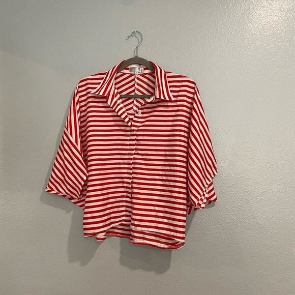 Toska Red White Striped Chiffon Button Down Blouse Sz L - Picture 1 of 11